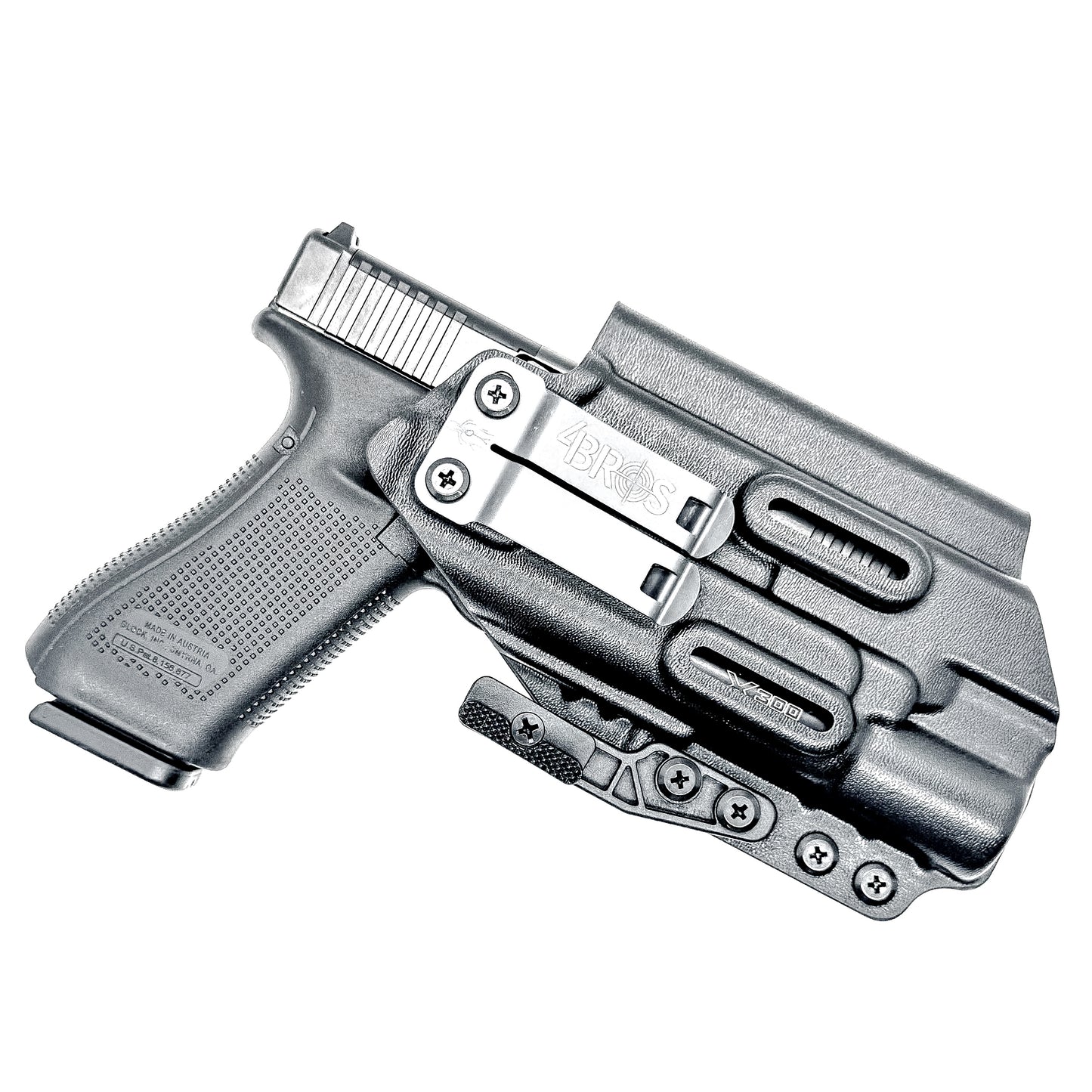 Black Inside Waistband IWB holster for either the Glock 17 or 47 with the Surefire X300.  Shown with a DCC Monoblock and a modwing.