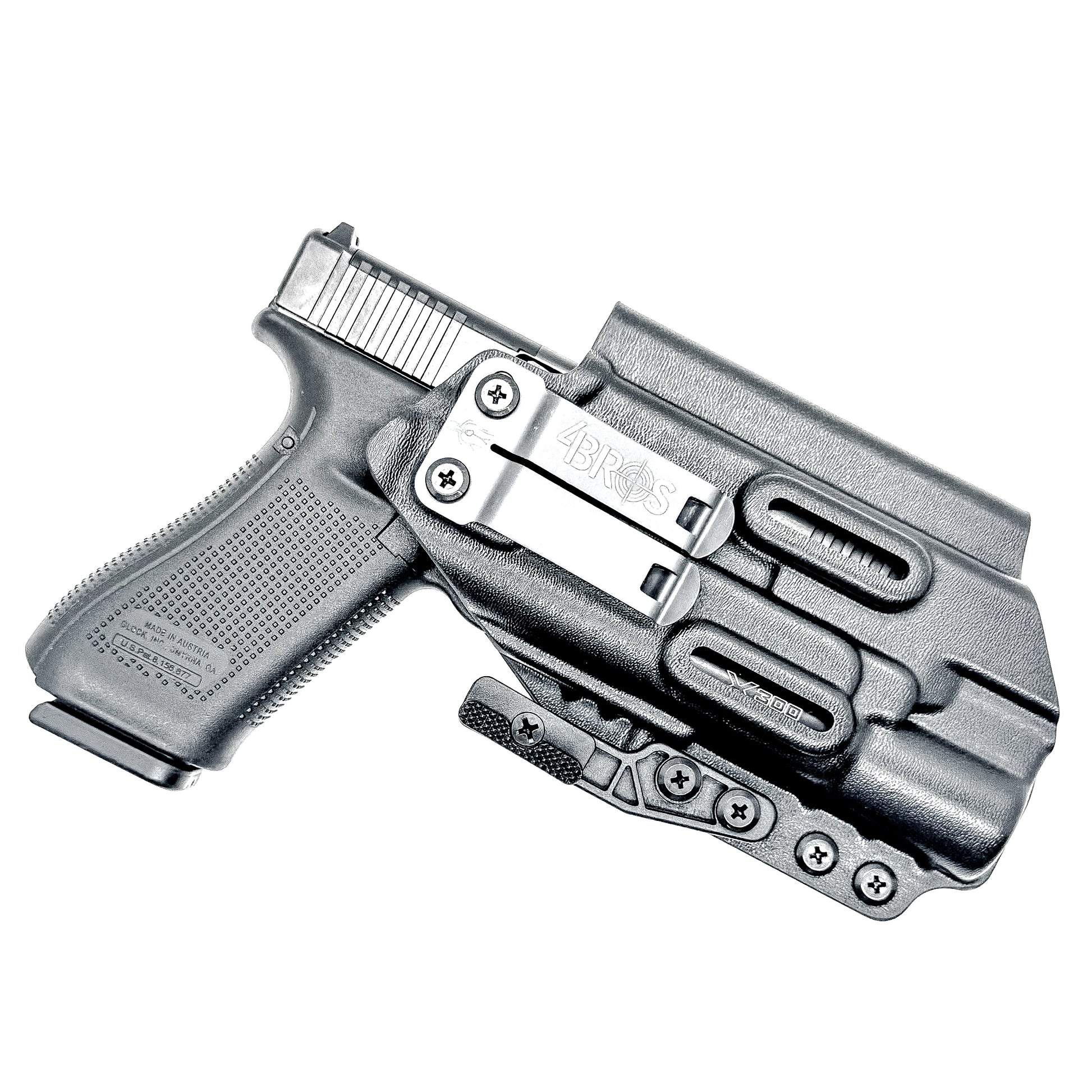 Black Inside Waistband IWB holster for either the Glock 17 or 47 with the Surefire X300.  Shown with a DCC Monoblock and a modwing.