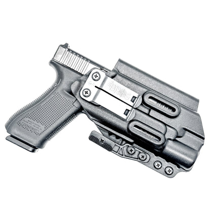 Black Inside Waistband IWB holster for either the Glock 17 or 47 with the Surefire X300.  Shown with a DCC Monoblock and a modwing.