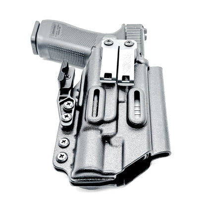 Black Inside Waistband IWB holster for either the Glock 17 or 47 with the Surefire X300.  Shown with a DCC Monoblock and a modwing.