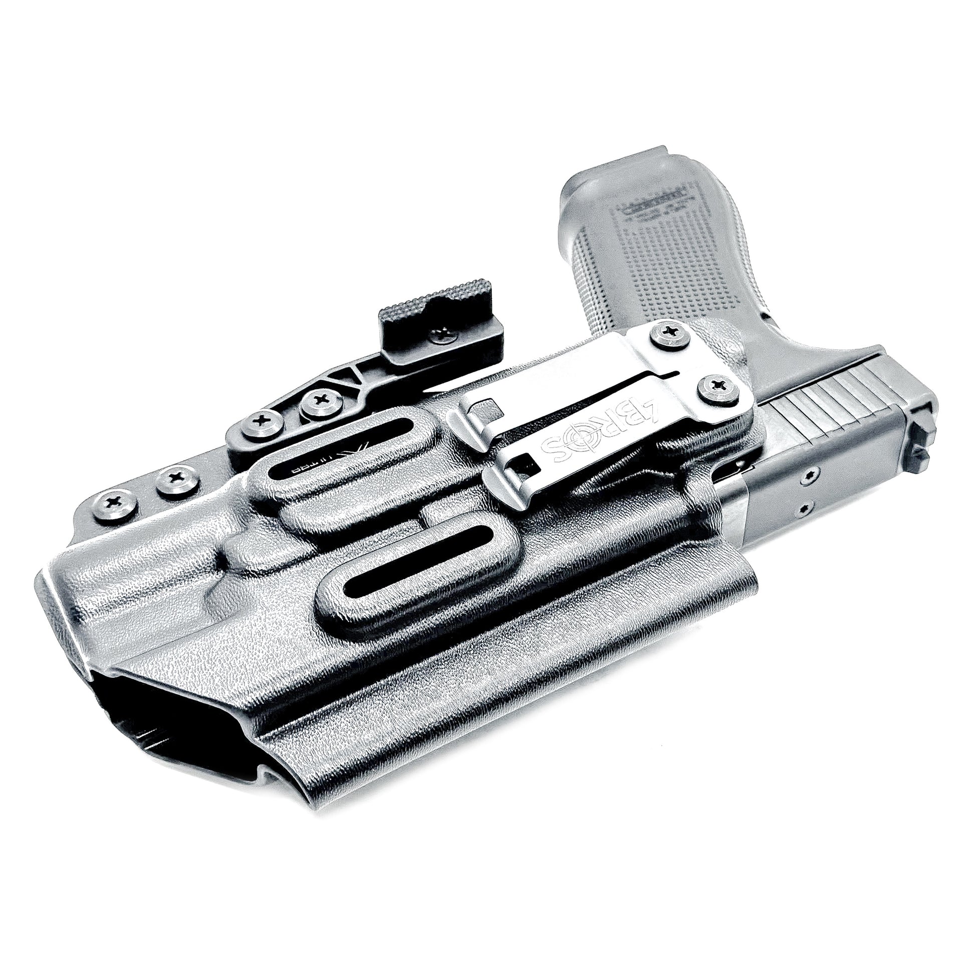 Black Inside Waistband IWB holster for either the Glock 17 or 47 with the Surefire X300.  Shown with a DCC Monoblock and a modwing.