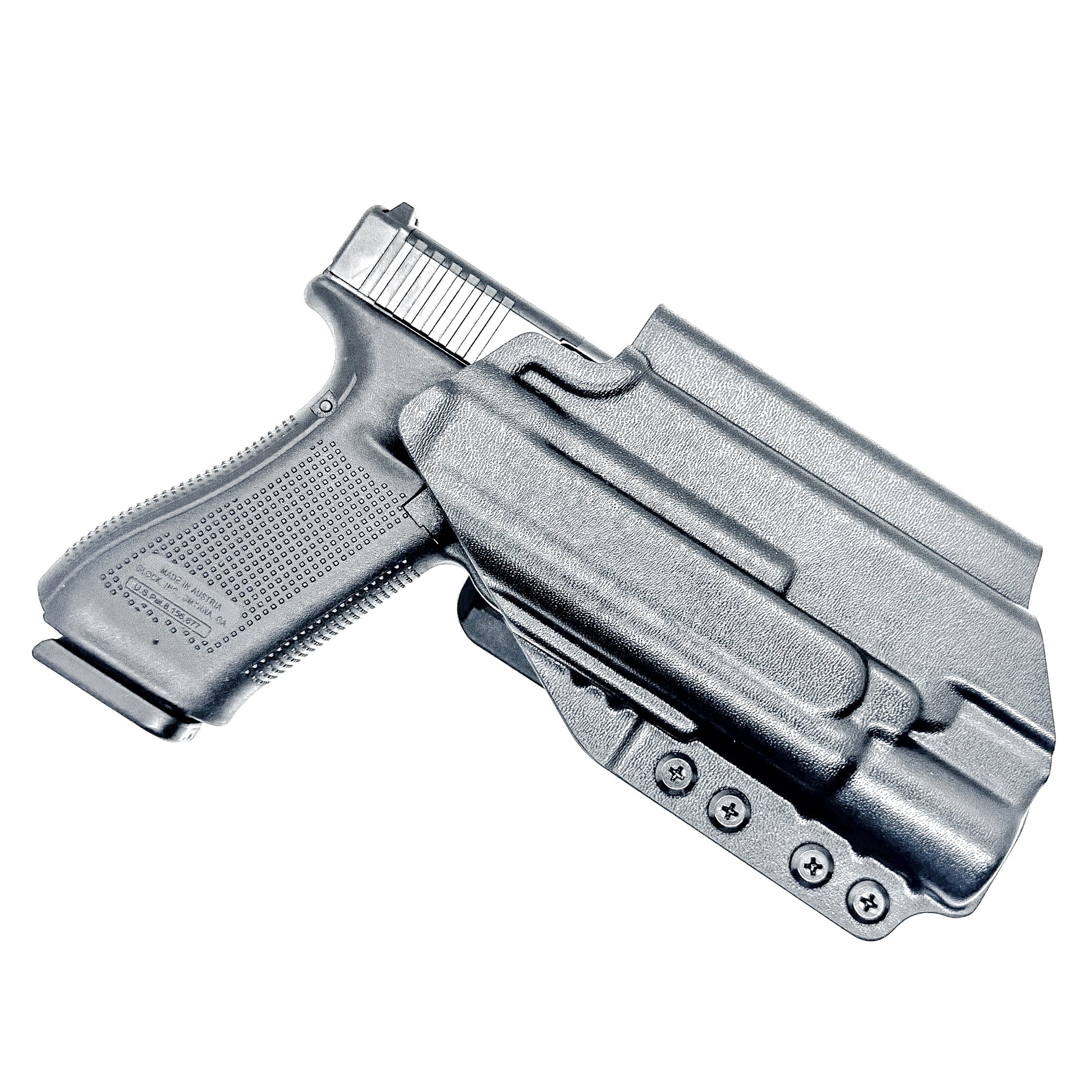 Black Outside Waistband OWB holster for the either the Glock 17 or 47 with the  Surefire X300.  Shown with the 4BROS 1.5" Belt Slide.