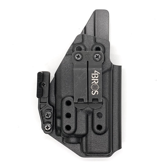 Inside Waistband Holster designed to fit the Glock full size and carry pistols with a Streamlight TLR-8 or TLR-8A attached to the pistol. This holster will hold the Glock Generation 3 through 5 models 19, 23, 32, 19x, 45, 17 and Gen 3 and 4 Glock 22 if they are combined with a TLR-8 series light.

