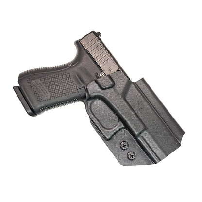 For the best, OWB, Outside Waistband Taco Style Holster of 2023 designed to fit the Glock 19 Gen 5 pistol. The holster will also fit the Gen 3, 4, and 5 Glock 19, 19X, 19 MOS, Gen 3 and 4 Glock 23, Glock 45, 45 MOS, Gen 5 9mm MOS models, and 32, 32 Gen 4. Open Muzzle, cleared for red dot sights. Made in the USA.