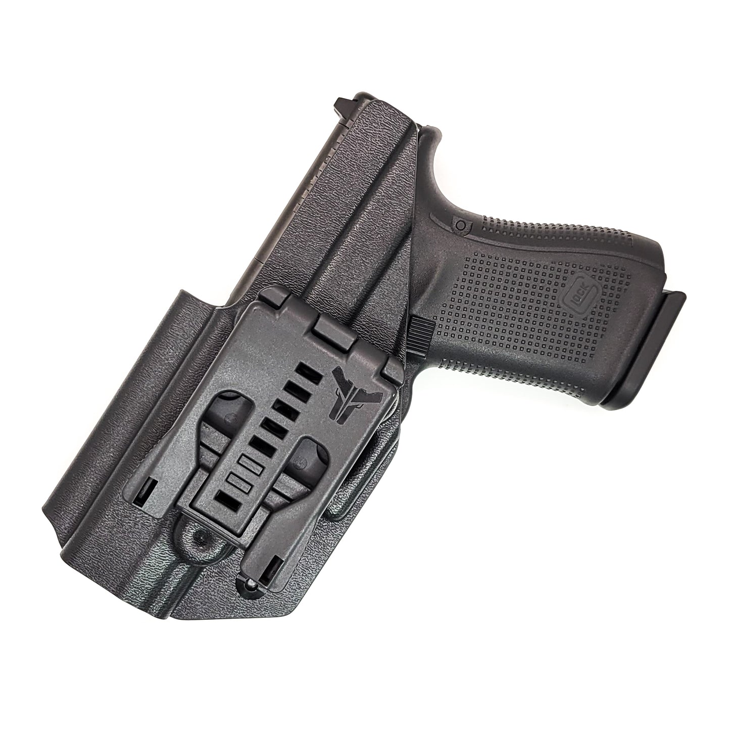 For the best, OWB, Outside Waistband Taco Style Holster of 2023 designed to fit the Glock 19 Gen 5 pistol. The holster will also fit the Gen 3, 4, and 5 Glock 19, 19X, 19 MOS, Gen 3 and 4 Glock 23, Glock 45, 45 MOS, Gen 5 9mm MOS models, and 32, 32 Gen 4. Open Muzzle, cleared for red dot sights. Made in the USA.