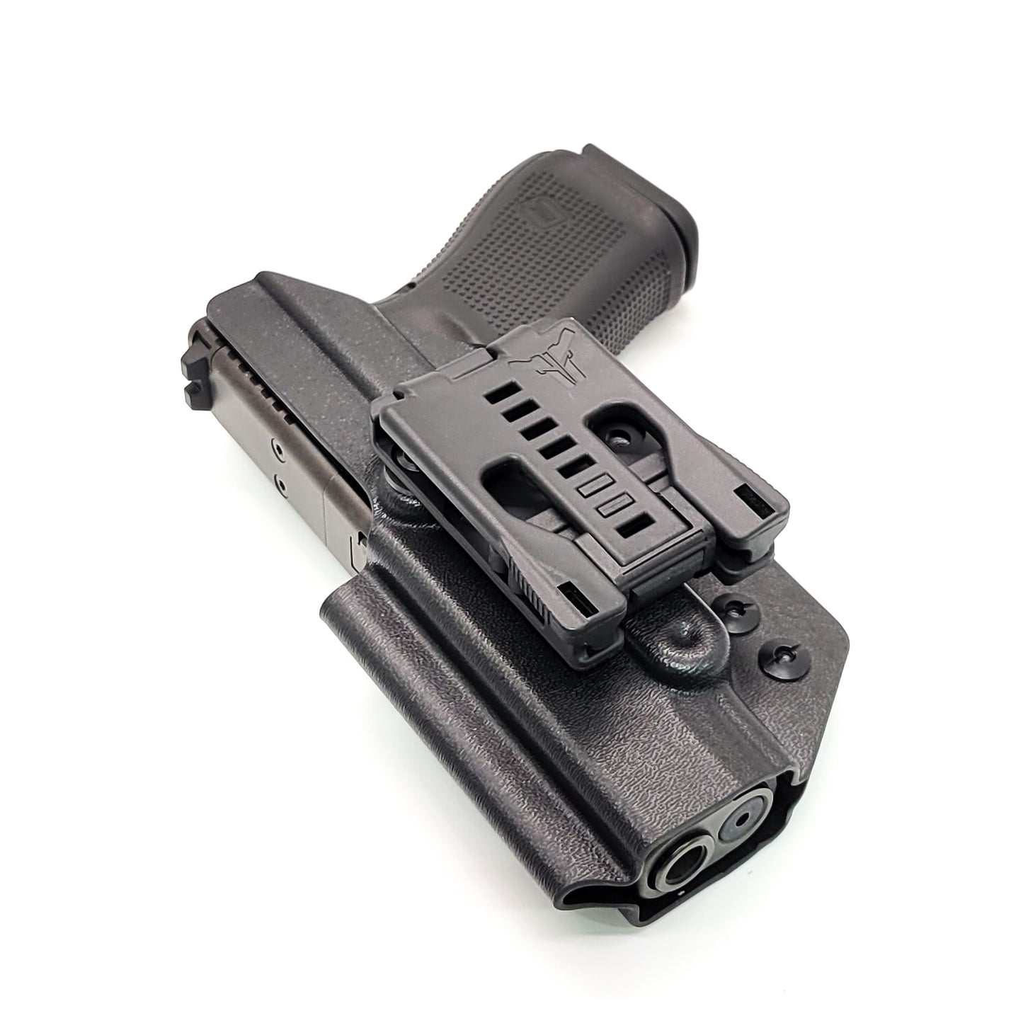 For the best, OWB, Outside Waistband Taco Style Holster of 2023 designed to fit the Glock 19 Gen 5 pistol. The holster will also fit the Gen 3, 4, and 5 Glock 19, 19X, 19 MOS, Gen 3 and 4 Glock 23, Glock 45, 45 MOS, Gen 5 9mm MOS models, and 32, 32 Gen 4. Open Muzzle, cleared for red dot sights. Made in the USA.