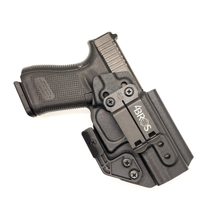 For the best Kydex Glock 19 IWB AIWB Inside Waistband Holster that is designed to fit the Glock 19, 23, 32, 19X, or 45 handguns, shop Four Brothers. Adjustable retention and cant. Confirmed to fit Generation 2, 3, 4, and 5 pistols. Proudly made in the USA by Veterans and Law Enforcement employees.