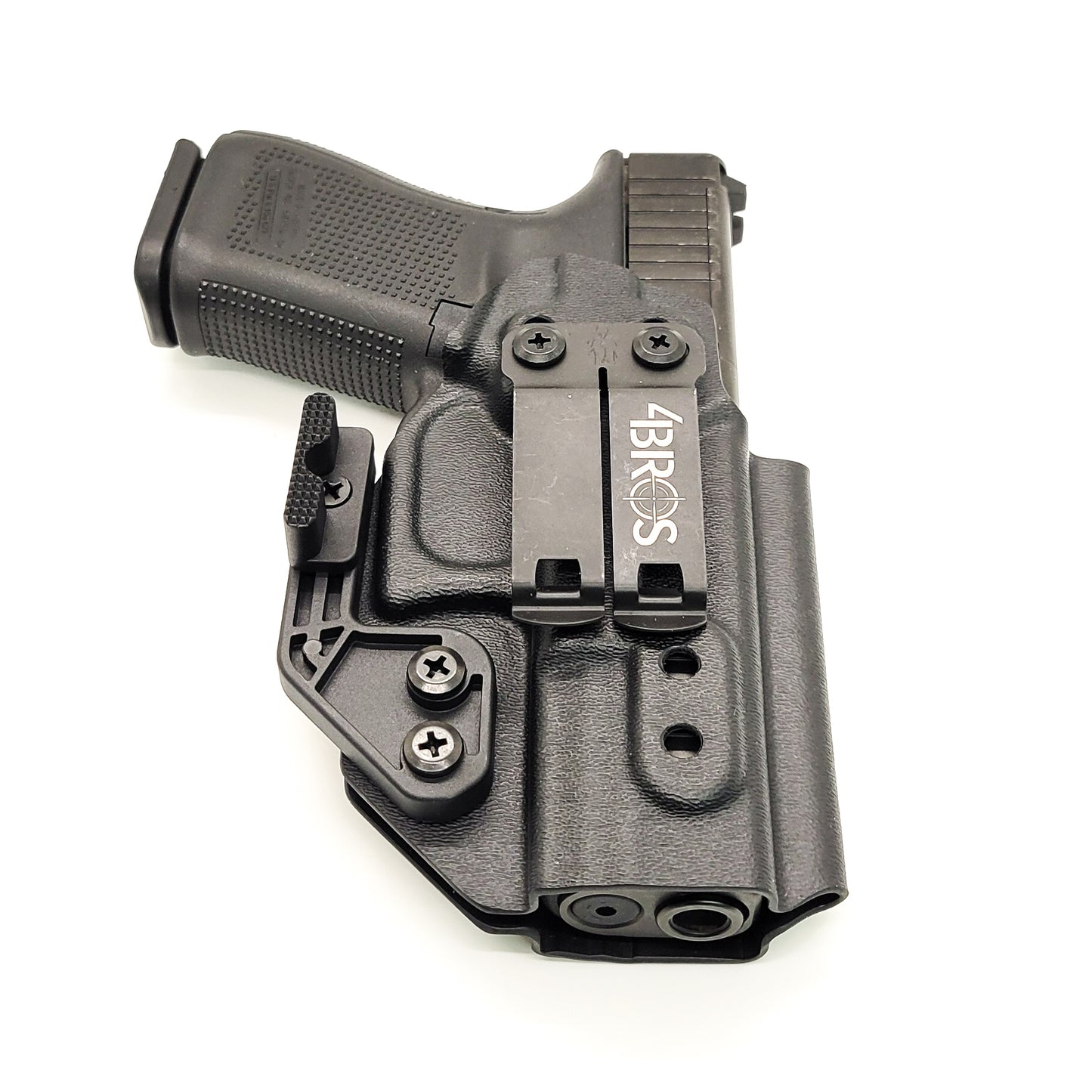 For the best Kydex Glock 19 IWB AIWB Inside Waistband Holster that is designed to fit the Glock 19, 23, 32, 19X, or 45 handguns, shop Four Brothers. Adjustable retention and cant. Confirmed to fit Generation 2, 3, 4, and 5 pistols. Proudly made in the USA by Veterans and Law Enforcement employees.