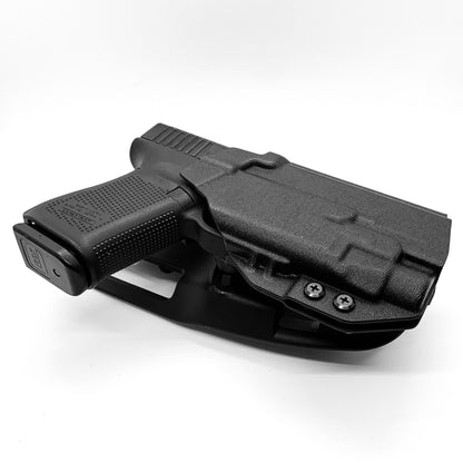 For the best outside waistband OWB Kydex Duty and Competition holster designed to fit the Glock 19 Gen 5 with the Streamlight TLR-7 HL-X, TLR-7 X, & TLR-7 A, shop Four Brothers 4BROS Holsters. Full sweat guard, adjustable retention, cleared for red dot sights. Open muzzle for threaded barrels. Made in the USA TLR7 HLX

