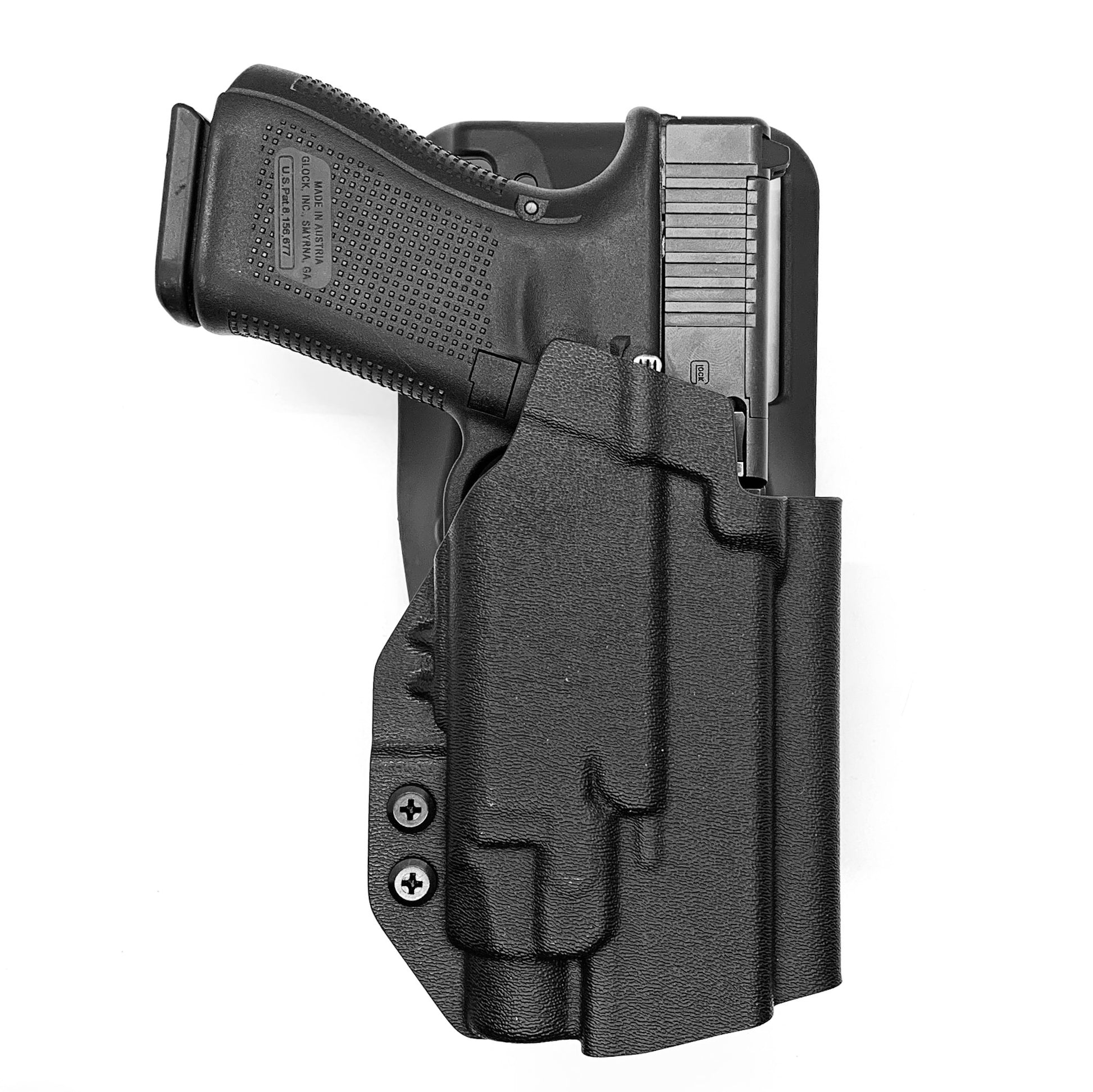 For the best outside waistband OWB Kydex Duty and Competition holster designed to fit the Glock 19 Gen 5 with the Streamlight TLR-7 HL-X, TLR-7 X, & TLR-7 A, shop Four Brothers 4BROS Holsters. Full sweat guard, adjustable retention, cleared for red dot sights. Open muzzle for threaded barrels. Made in the USA TLR7 HLX

