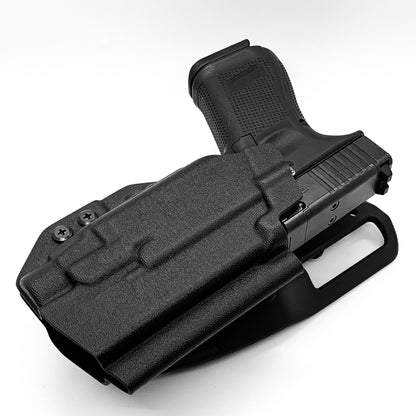 For the best outside waistband OWB Kydex Duty and Competition holster designed to fit the Glock 19 Gen 5 with the Streamlight TLR-7 HL-X, TLR-7 X, & TLR-7 A, shop Four Brothers 4BROS Holsters. Full sweat guard, adjustable retention, cleared for red dot sights. Open muzzle for threaded barrels. Made in the USA TLR7 HLX

