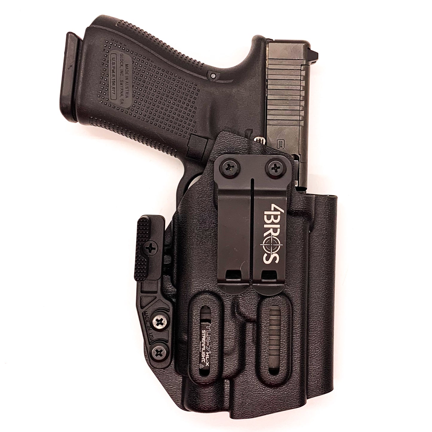 For the best IWB Kydex Inside Waistband Holster for the Glock 19 Gen 5 with the Streamlight TLR-7 HL-X, TLR-7 X, & TLR-7 A, shop Four Brothers 4BROS holsters.
