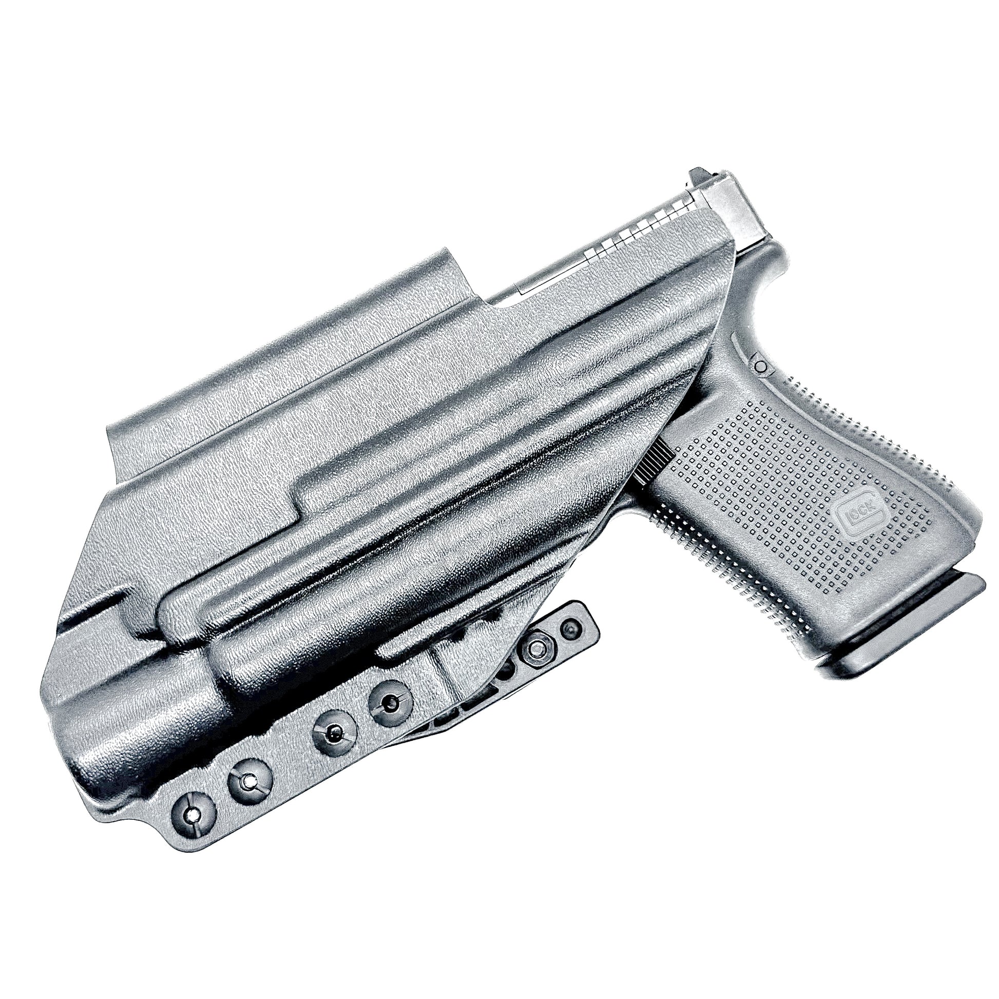 Black Inside Waistband IWB holster for the Glock 19 and Surefire X300.  Shown with DCC Monoblock and a modwing.