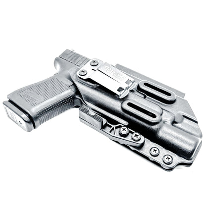 Black Inside Waistband IWB holster for the Glock 19 and Surefire X300.  Shown with DCC Monoblock and a modwing.