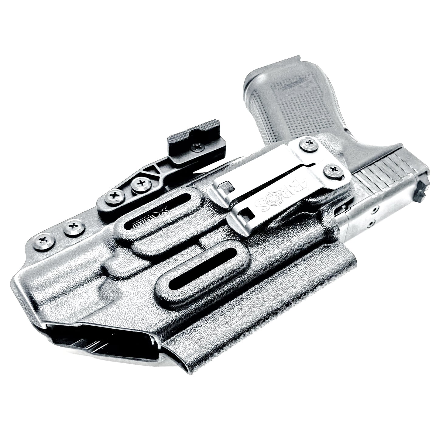 Black Inside Waistband IWB holster for the Glock 19 and Surefire X300.  Shown with DCC Monoblock and a modwing.