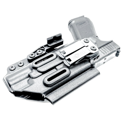 Black Inside Waistband IWB holster for the Glock 19 and Surefire X300.  Shown with DCC Monoblock and a modwing.