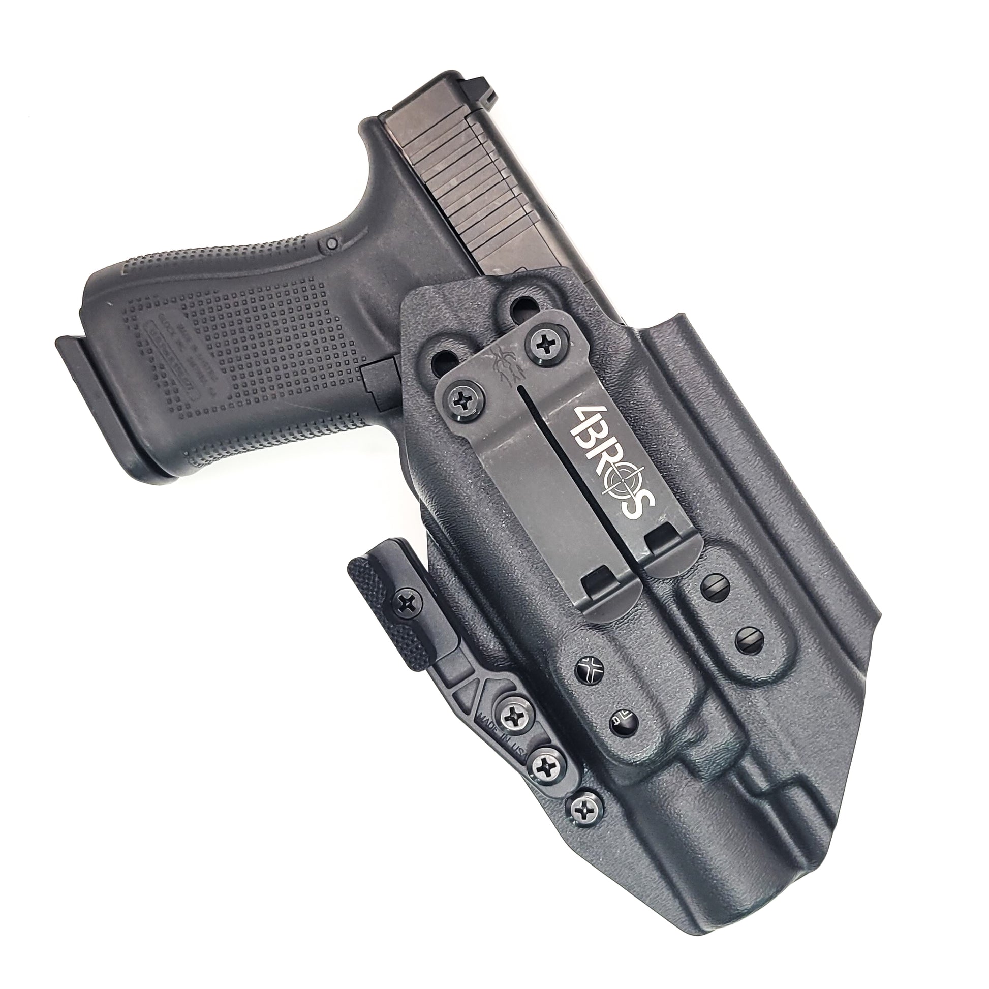For the best IWB Kydex Inside Waistband Holster for the Glock 19 Gen 5 with the Surefire X300U A or B X300U-A or X300U-B shop Four Brothers 4BROS Holsters.