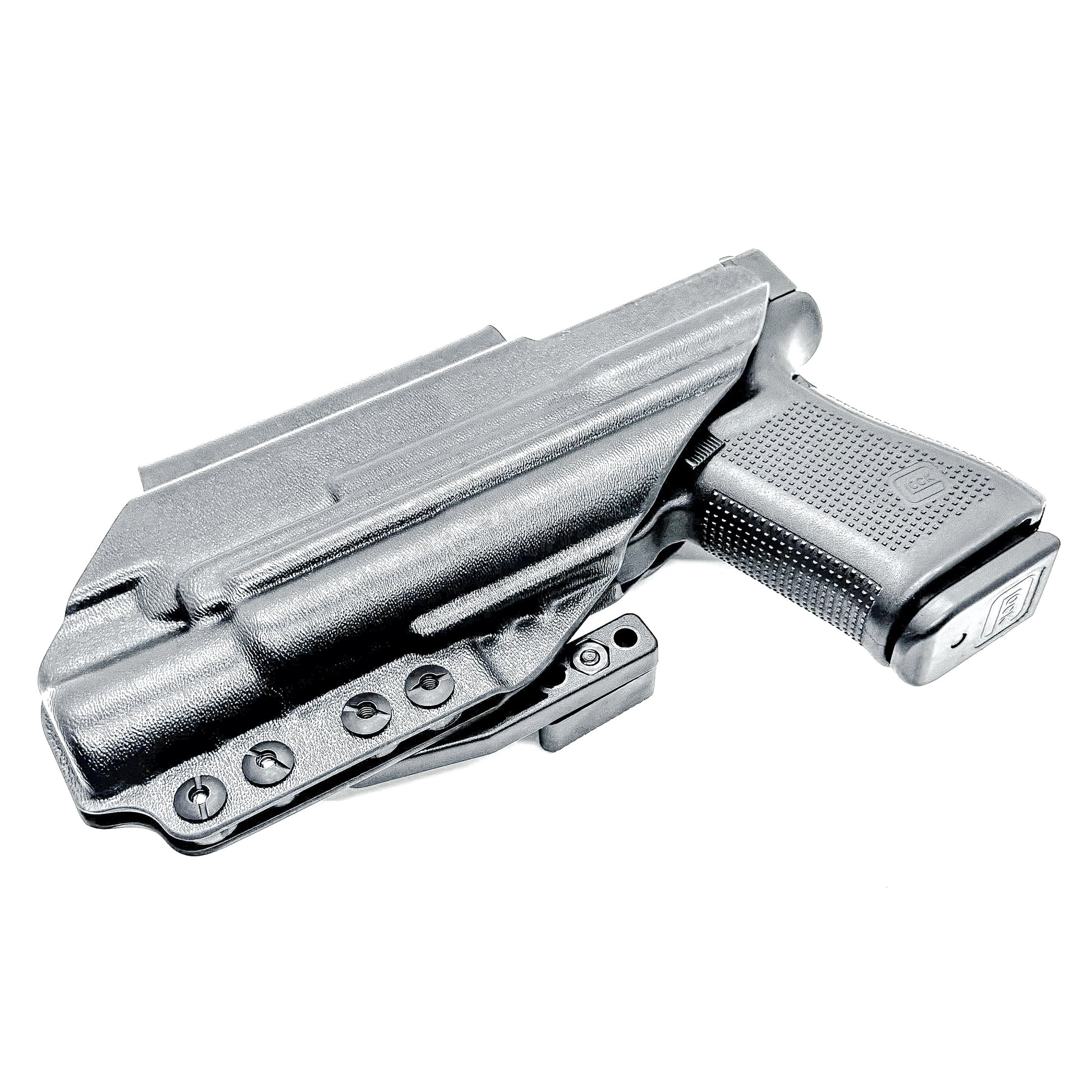 Black Inside Waistband IWB holster for the Glock 19 and Surefire X300.  Shown with DCC Monoblock and a modwing.