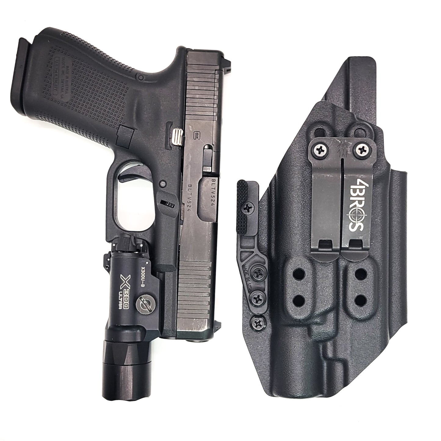For the best IWB Kydex Inside Waistband Holster for the Glock 19 Gen 5 with the Surefire X300U A or B X300U-A or X300U-B shop Four Brothers 4BROS Holsters.