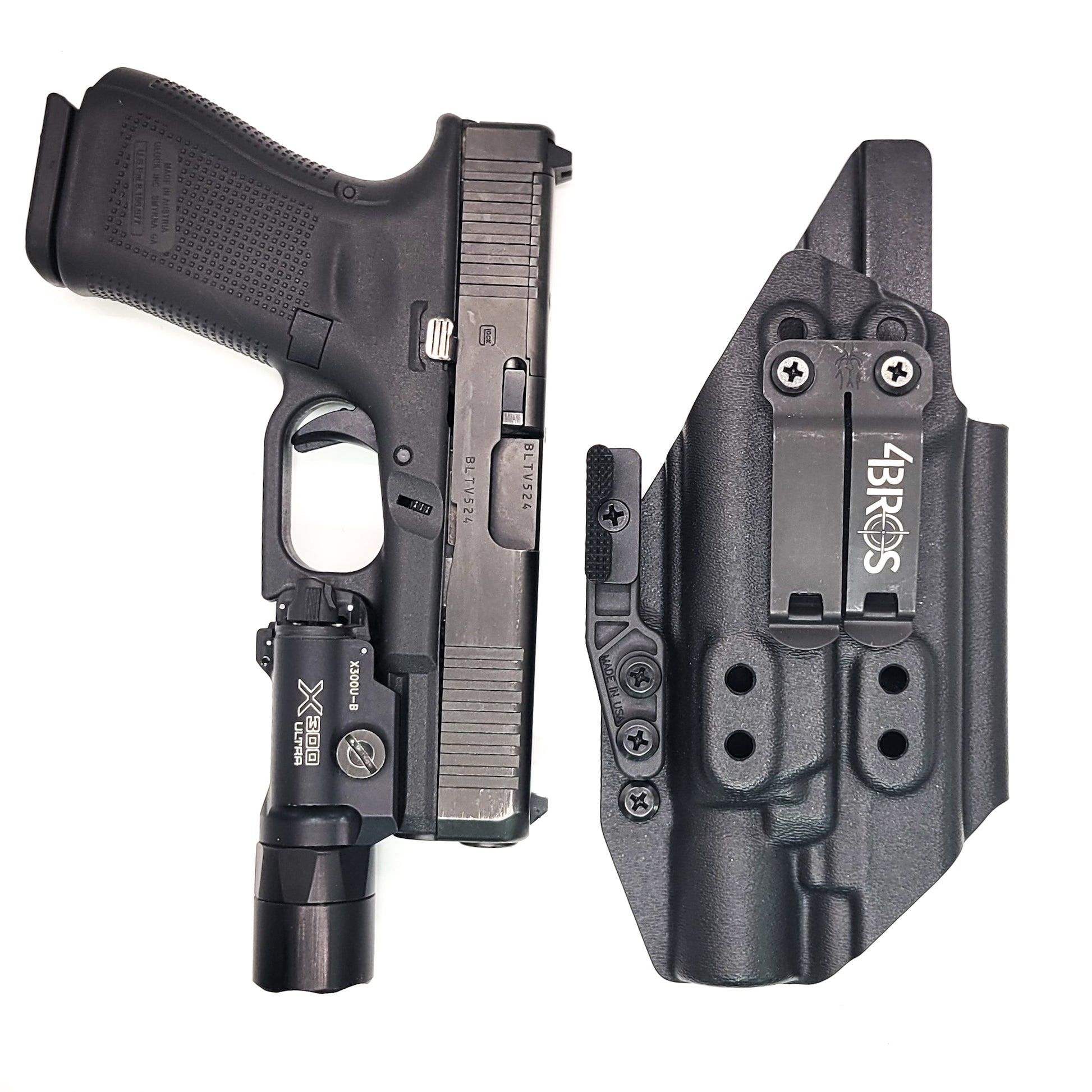 For the best IWB Kydex Inside Waistband Holster for the Glock 19 Gen 5 with the Surefire X300U A or B X300U-A or X300U-B shop Four Brothers 4BROS Holsters.