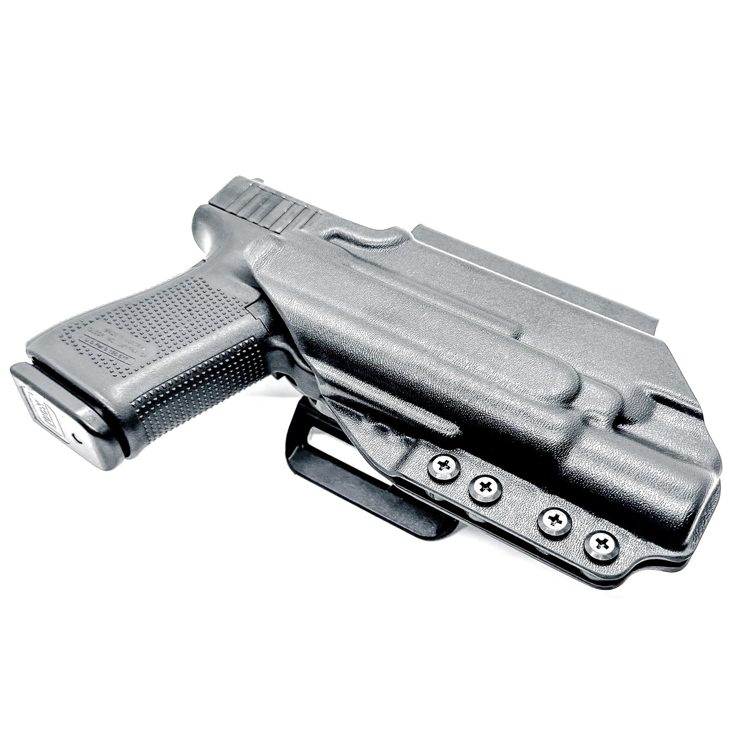 Black Outside Waistband OWB Holster for the Glock 19 and SureFire X300 with 4BROS 1.5" Belt Slide.