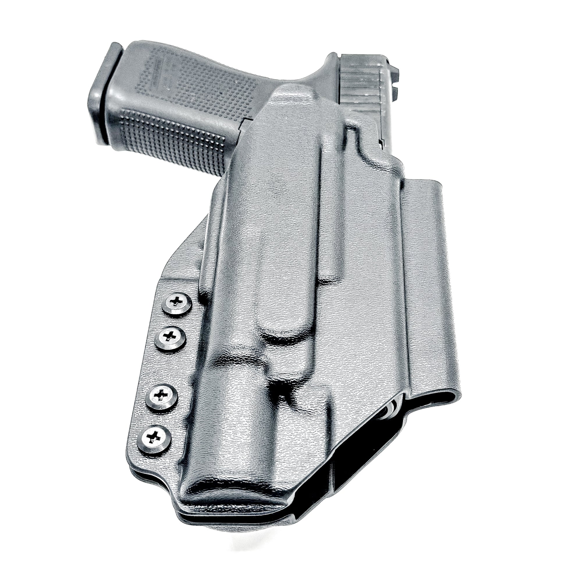 Black Outside Waistband OWB Holster for the Glock 19 and SureFire X300 with 4BROS 1.5" Belt Slide.