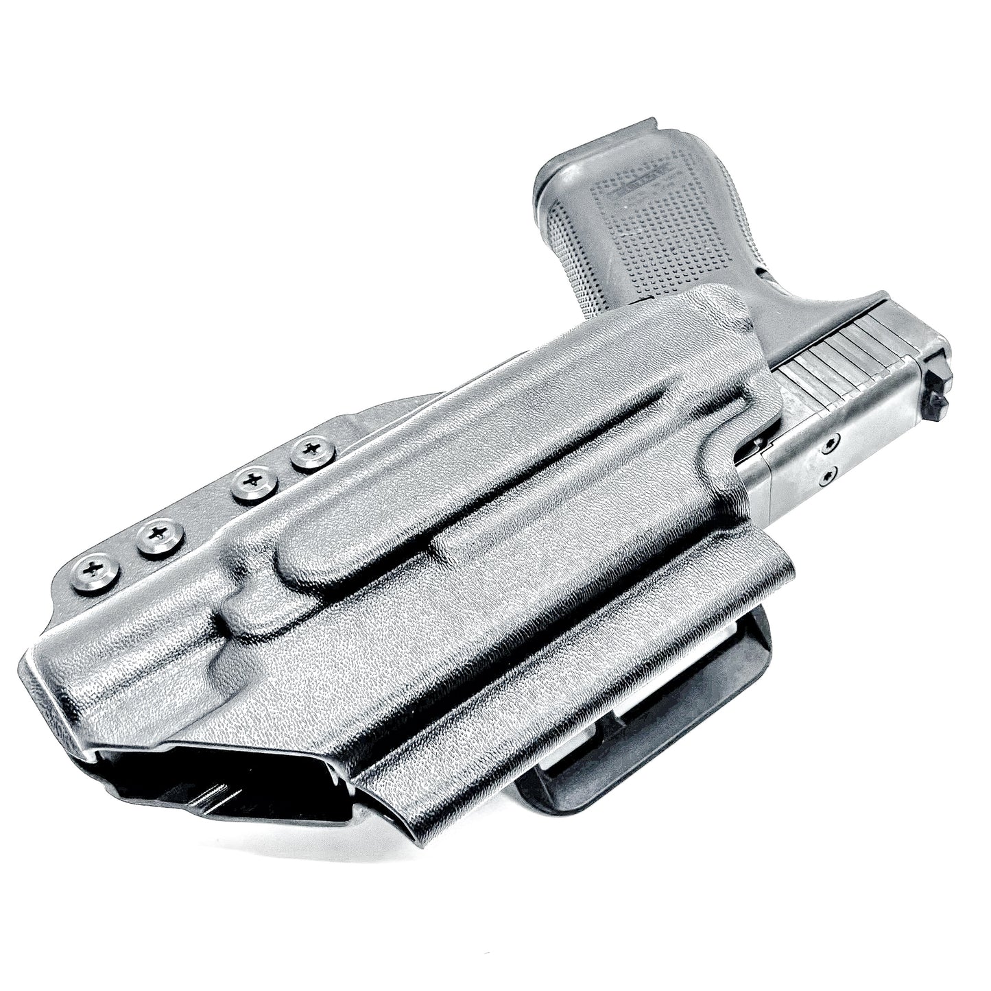 Black Outside Waistband OWB Holster for the Glock 19 and SureFire X300 with 4BROS 1.5" Belt Slide.