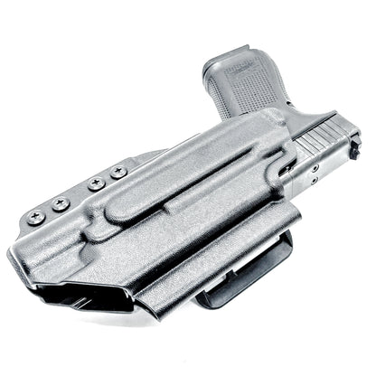 Black Outside Waistband OWB Holster for the Glock 19 and SureFire X300 with 4BROS 1.5" Belt Slide.