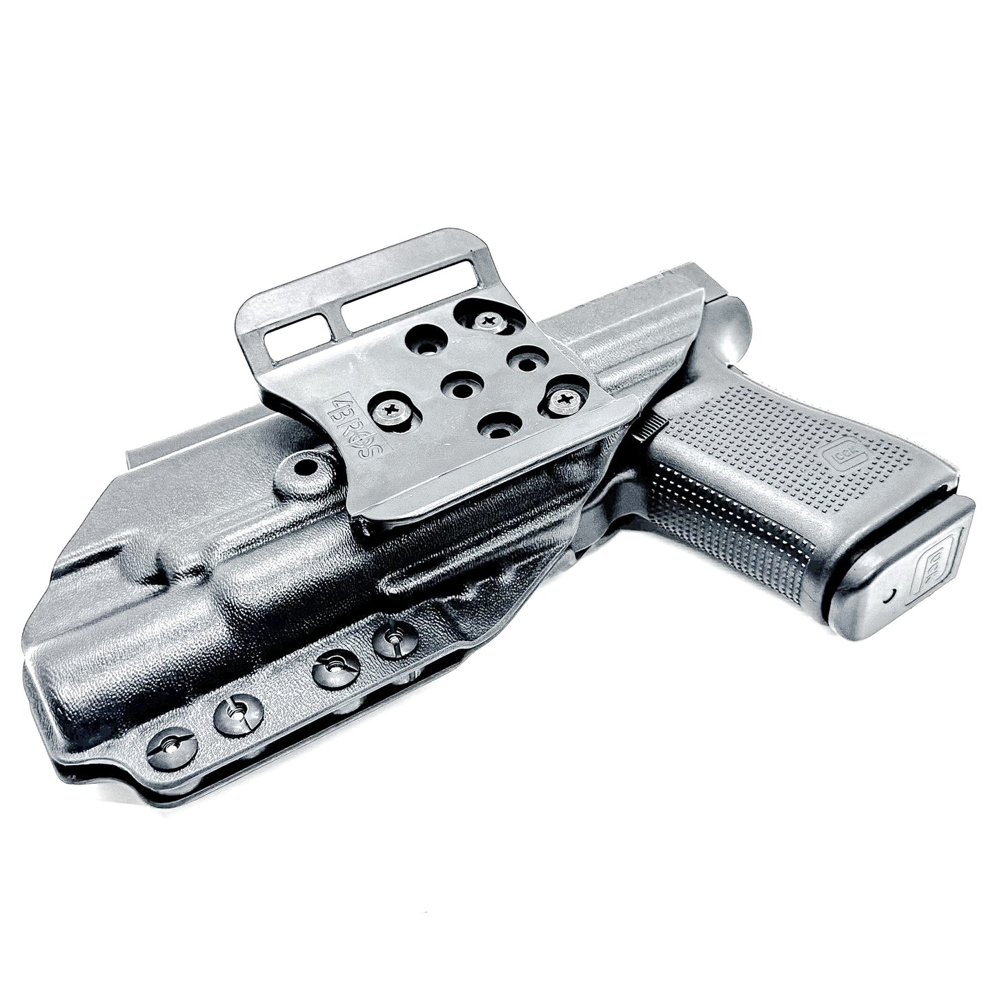 Black Outside Waistband OWB Holster for the Glock 19 and SureFire X300 with 4BROS 1.5" Belt Slide.