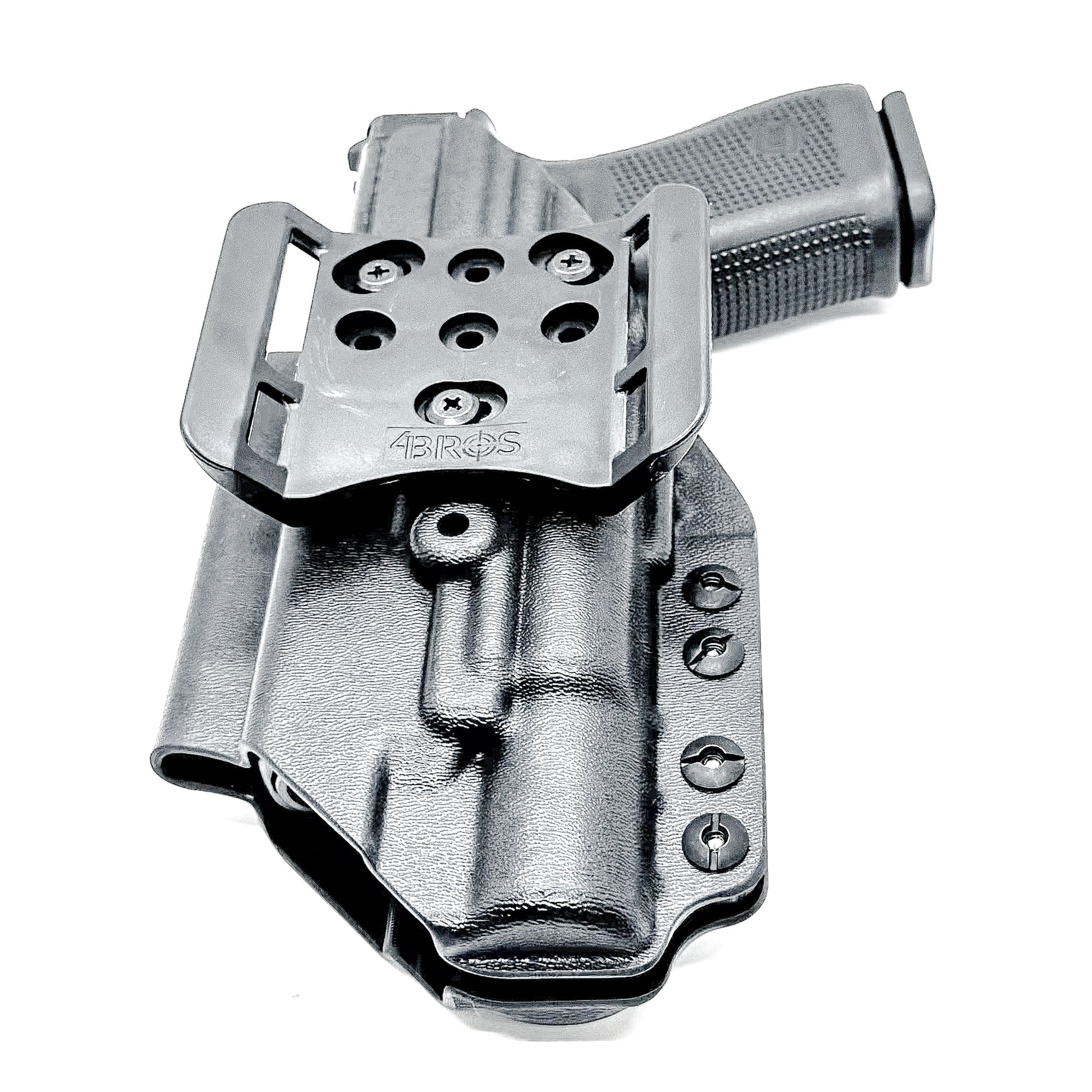 Black Outside Waistband OWB Holster for the Glock 19 and SureFire X300 with 4BROS 1.5" Belt Slide.