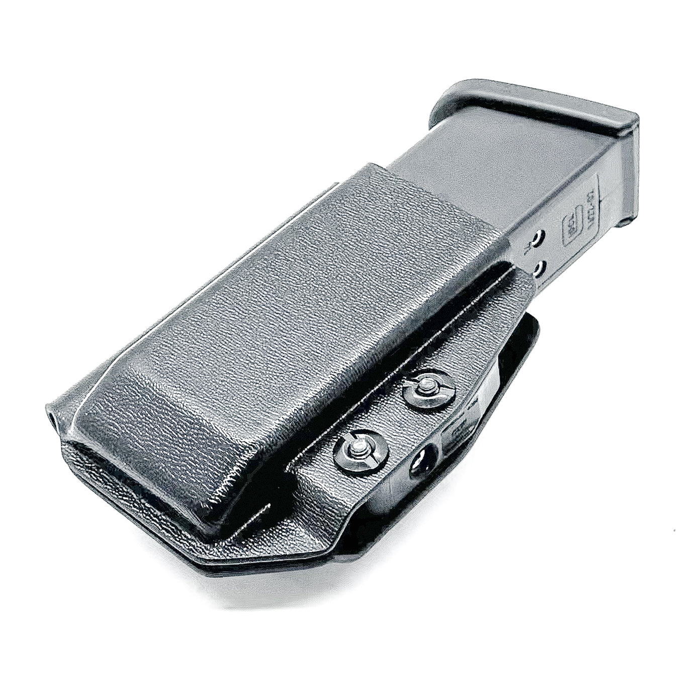 Black Kydex IWB AIWB appendix inside waistband magazine pouch carrier or holster for the Glock 20 10mm mags from Four Brothers Holsters. Made in USA.
