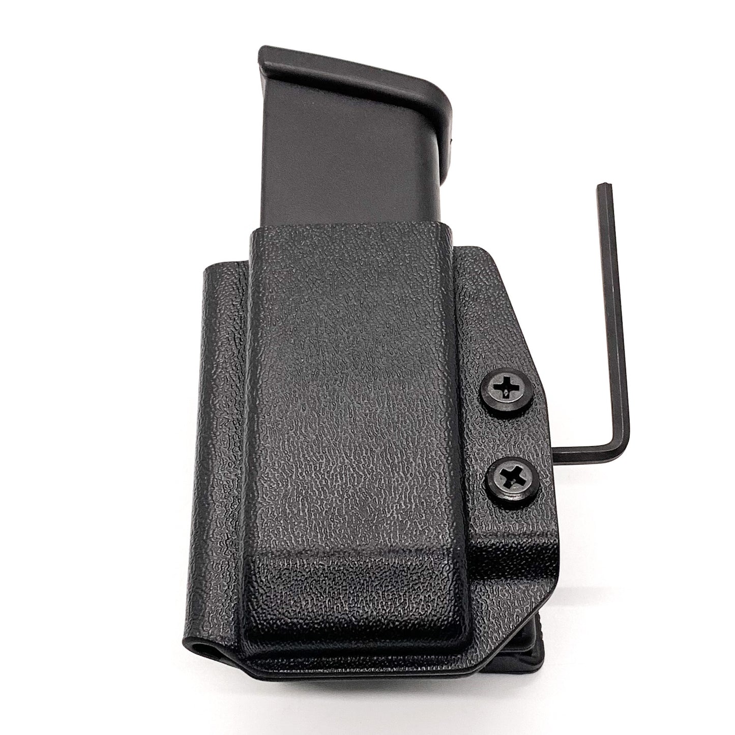 For the Best OWB Outside Waistband Kydex Magazine Pouch designed to fit the Glock 20 10mm Magazine, shop Four Brothers Holsters. Suitable for belt widths of 1 1/2", 1 3/4". 2" & 2 1/2" Adjustable retention and cant outside waist carrier holster. Will allow bullets forward & bullets back orientation.