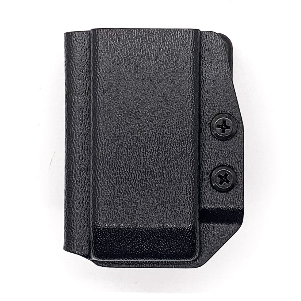 For the Best OWB Outside Waistband Kydex Magazine Pouch designed to fit the 2011 Magazine, shop Four Brothers Holsters. Suitable for belt widths of 1 1/2", 1 3/4". 2" & 2 1/2" Adjustable retention and cant outside waist carrier holster. Will allow bullets forward & bullets back orientation. Proudly made in the USA.