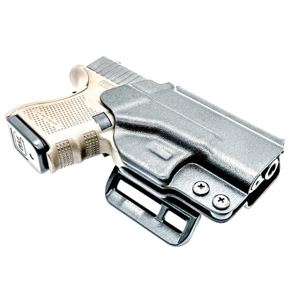 Glock 26 OWB Holster for Gen 3, 4, 5 & Gen V. Kydex Outside Waistband holster with adjustable retention, optic cut and threaded barrel clearance.