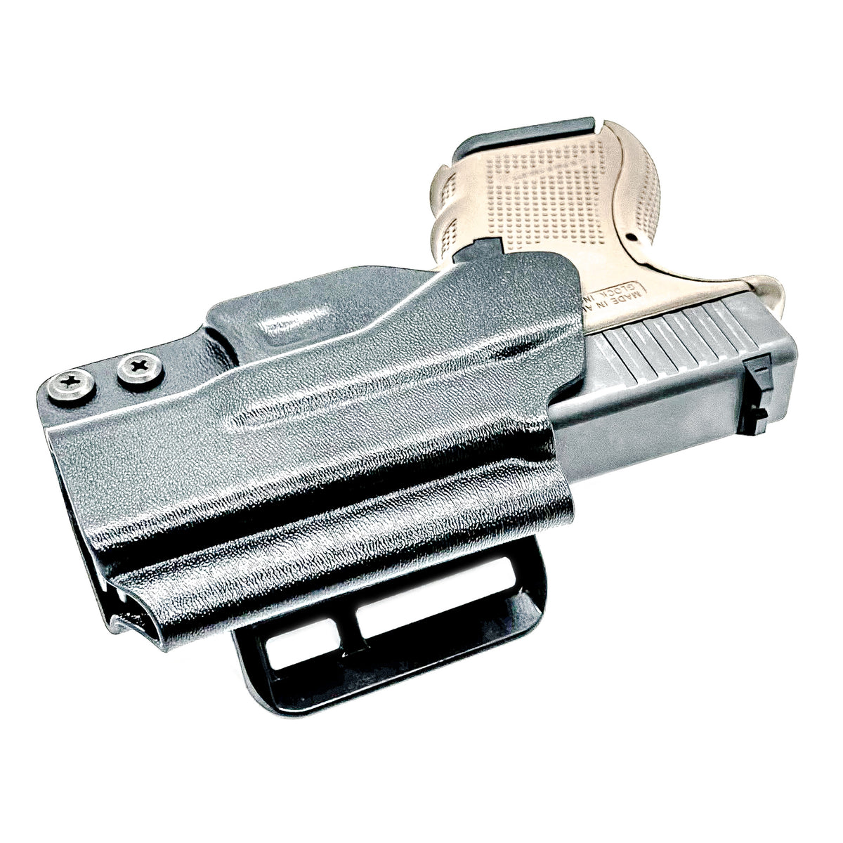 Glock 26 OWB Holster for Gen 3, 4, 5 & Gen V. Kydex Outside Waistband holster with adjustable retention, optic cut and threaded barrel clearance.