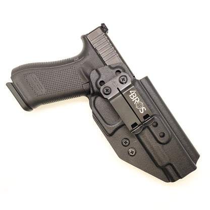 For the best Kydex Glock 34 Gen 5 IWB AIWB Inside Waistband Holster that is designed to fit the Glock 34 Gen 5 handgun, shop Four Brothers. Adjustable retention and cant. Also fits Generation 3 & 4 pistols with minor retention adjustments. Proudly made in the USA by Veterans and Law Enforcement employees.