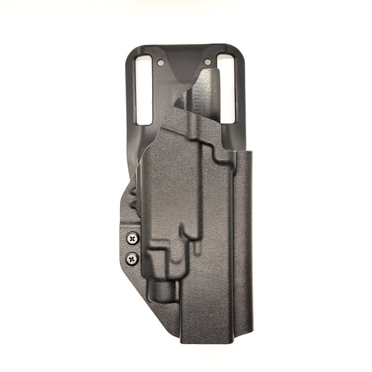 For the best outside waistband OWB Kydex Duty and Competition holster designed to fit the Glock 34 Gen 5 with the Streamlight TLR-7 HL-X, TLR-7 X, & TLR-7 A, shop Four Brothers 4BROS Holsters. Full sweat guard, adjustable retention, cleared for red dot sights. Open muzzle for threaded barrels. Made in the USA TLR7 HLX