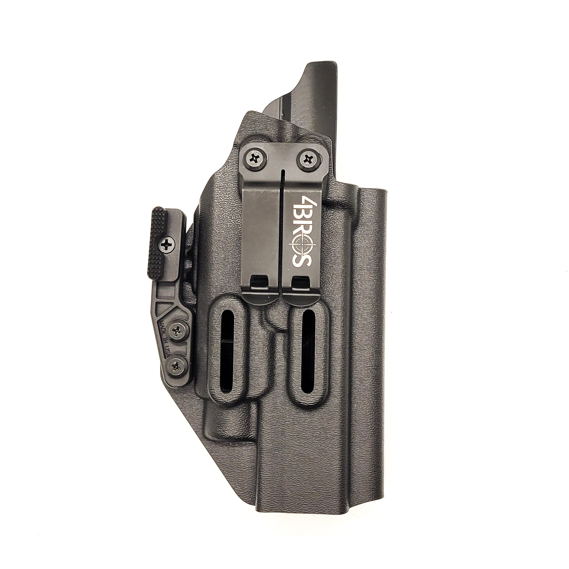 For the Best, most comfortable Inside Waistband IWB AIWB Appendix Kydex holster designed to fit the Glock Gen 5 34 and 34 MOS, with the Streamlight TLR-7 HL-X, TLR-7 X, & TLR-7 A, shop Four Brothers 4BROS holsters. Adjustable retention, full sweat guard, smooth edges for comfort and concealment. Made in the USA TLR-7X