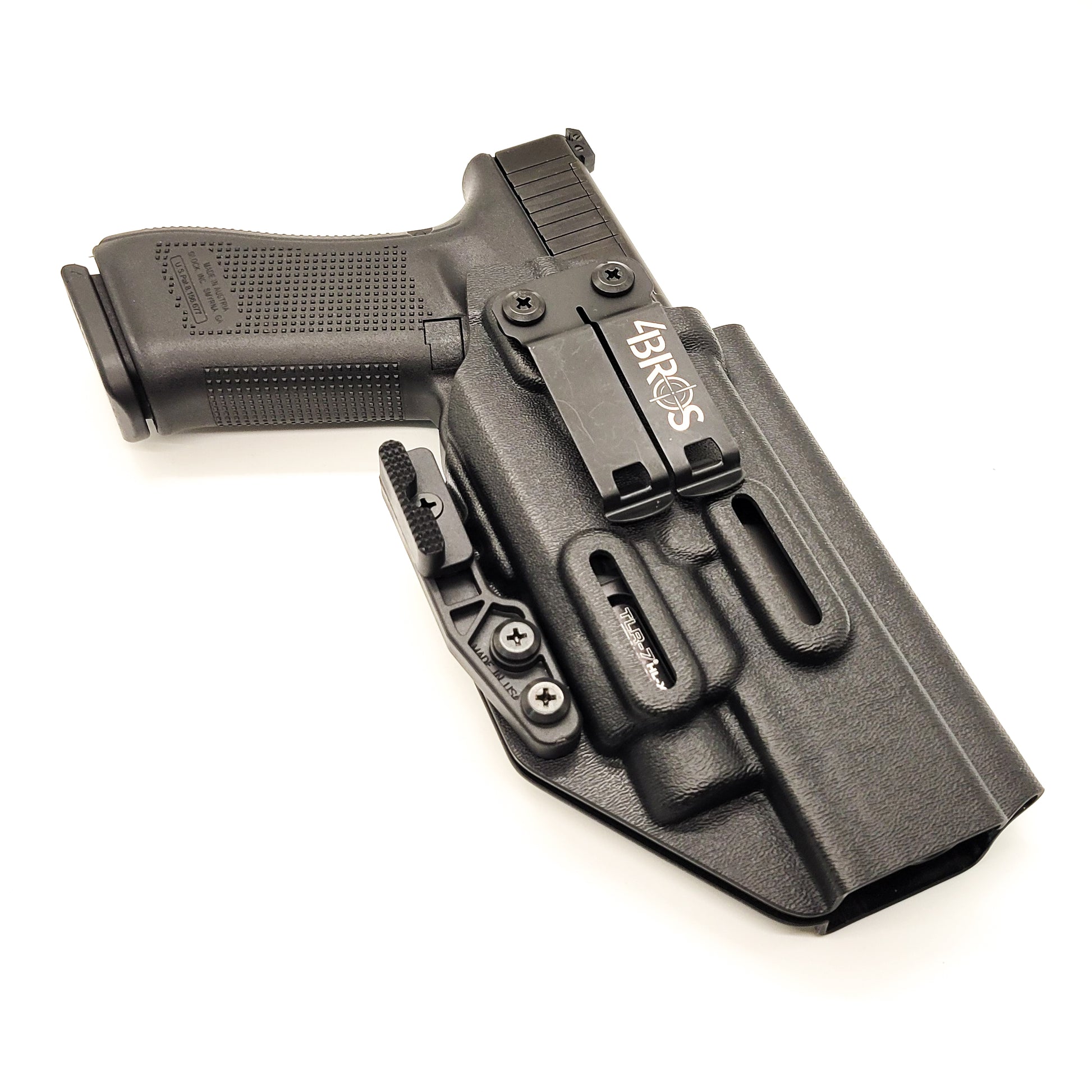 For the Best, most comfortable Inside Waistband IWB AIWB Appendix Kydex holster designed to fit the Glock Gen 5 34 and 34 MOS, with the Streamlight TLR-7 HL-X, TLR-7 X, & TLR-7 A, shop Four Brothers 4BROS holsters. Adjustable retention, full sweat guard, smooth edges for comfort and concealment. Made in the USA TLR-7X