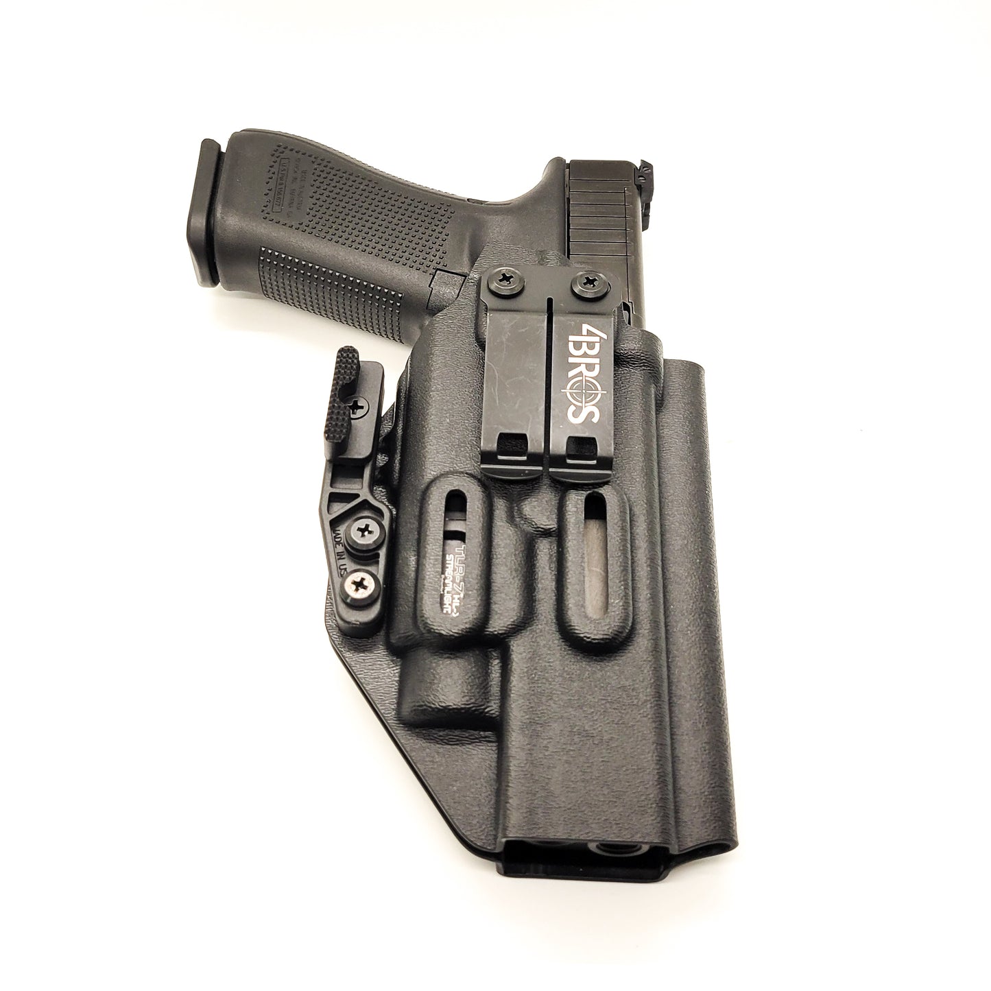 For the Best, most comfortable Inside Waistband IWB AIWB Appendix Kydex holster designed to fit the Glock Gen 5 34 and 34 MOS, with the Streamlight TLR-7 HL-X, TLR-7 X, & TLR-7 A, shop Four Brothers 4BROS holsters. Adjustable retention, full sweat guard, smooth edges for comfort and concealment. Made in the USA TLR-7X