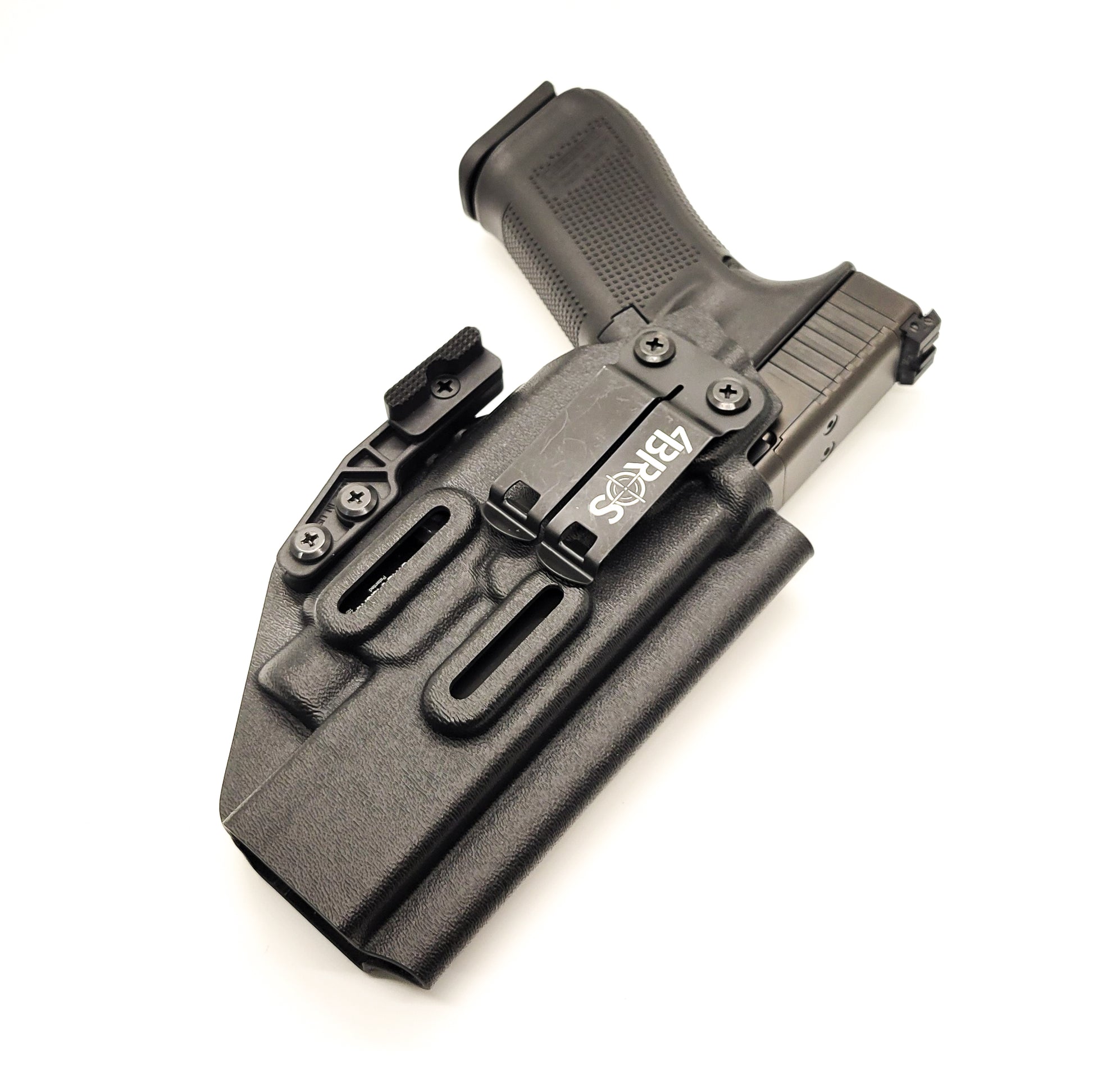 For the Best, most comfortable Inside Waistband IWB AIWB Appendix Kydex holster designed to fit the Glock Gen 5 34 and 34 MOS, with the Streamlight TLR-7 HL-X, TLR-7 X, & TLR-7 A, shop Four Brothers 4BROS holsters. Adjustable retention, full sweat guard, smooth edges for comfort and concealment. Made in the USA TLR-7X