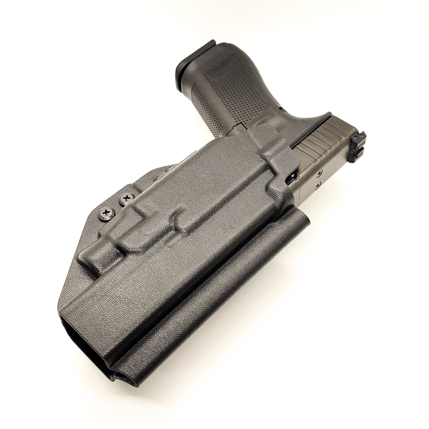 For the best Outside Waistband OWB Kydex holster designed to fit the Glock Gen 5 34 and 34 MOS with the Streamlight TLR-7 HL_X, TLR-7 X, & TLR-7 A, shop Four Brothers 4BROS holsters. Full sweat guard, adjustable retention, holster profile cut for red dot sights. Smooth edges for comfort and concealment. Made in the USA