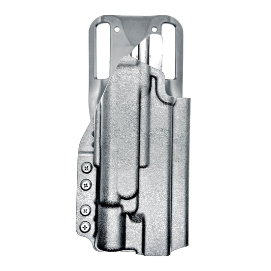 Black OWB Duty & Competition holster for the Glock 34 and Surefire X300 shown with Duty Drop attachment.