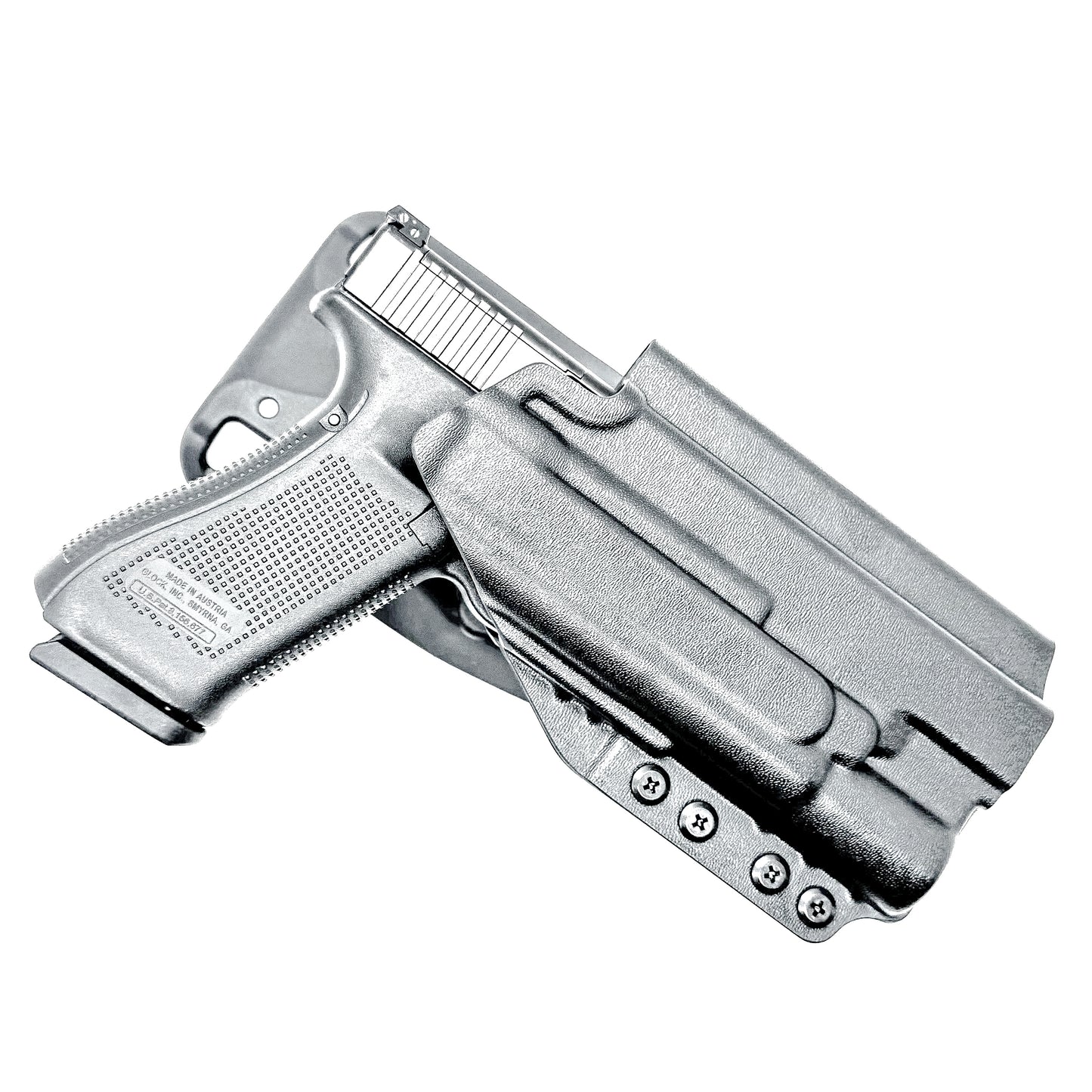 Black OWB Duty & Competition holster for the Glock 34 and Surefire X300 shown with Duty Drop attachment.