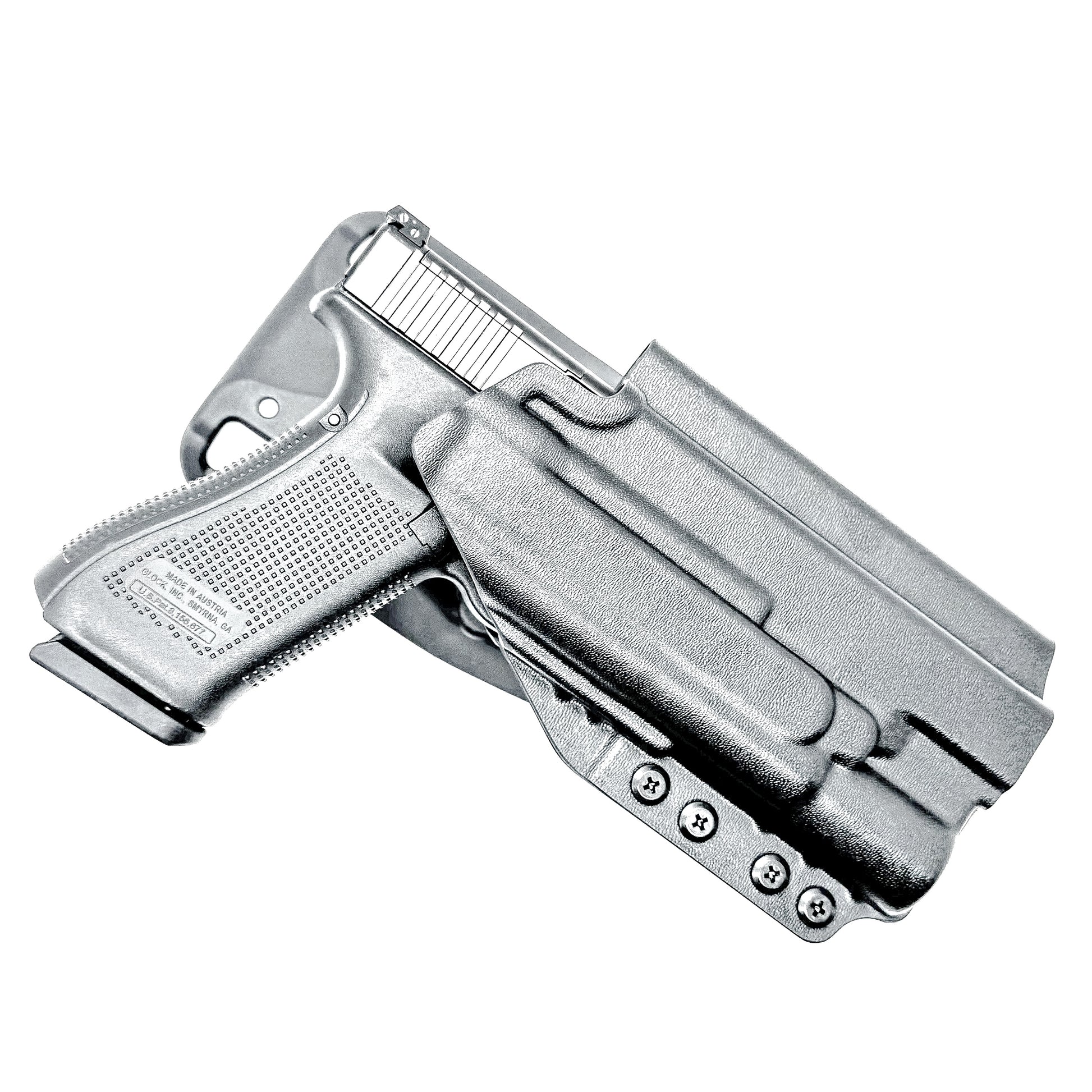 Black OWB Duty & Competition holster for the Glock 34 and Surefire X300 shown with Duty Drop attachment.