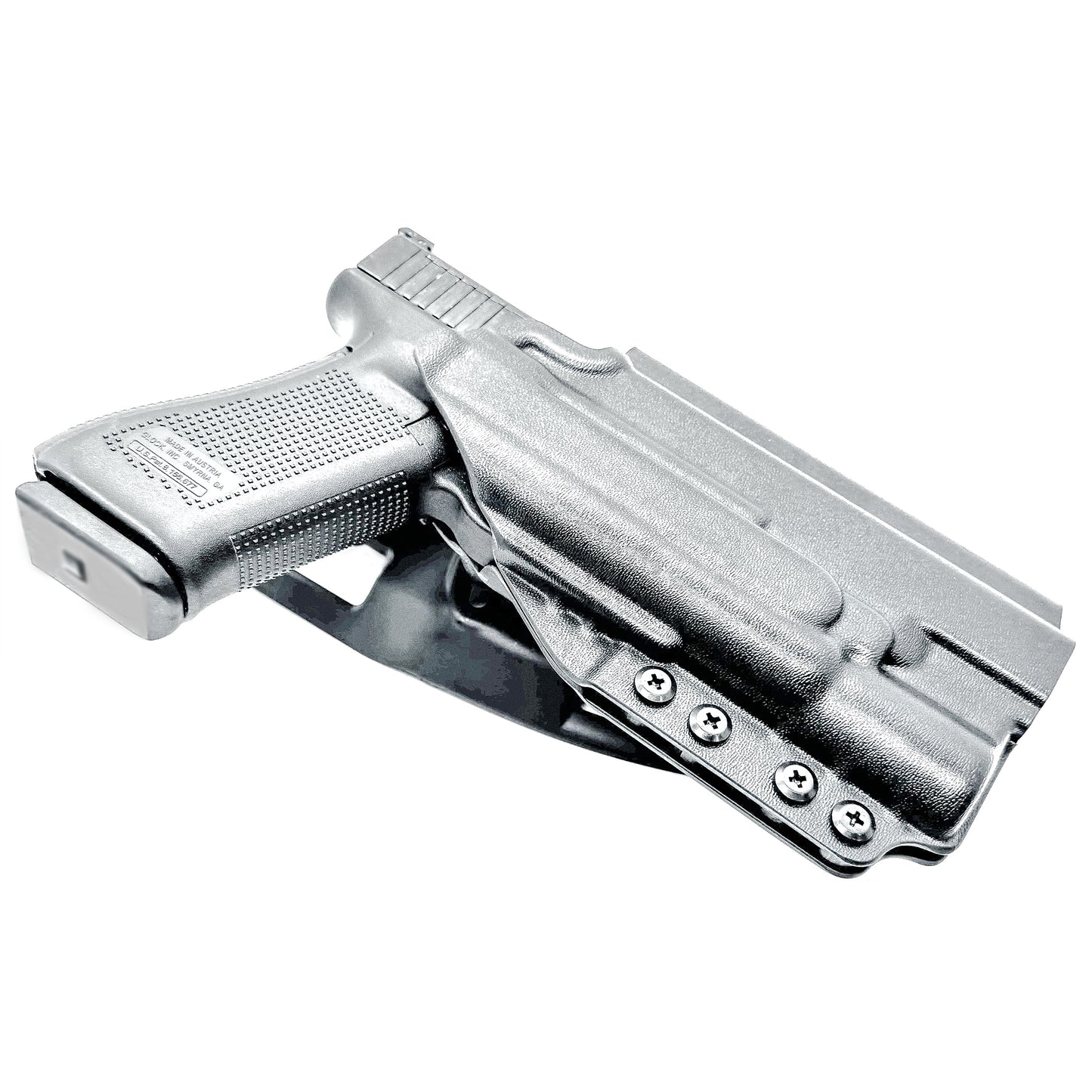 Black OWB Duty & Competition holster for the Glock 34 and Surefire X300 shown with Duty Drop attachment.