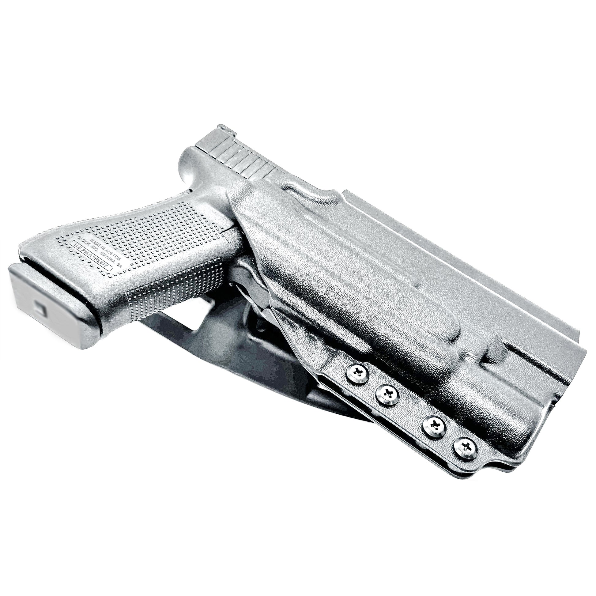 Black OWB Duty & Competition holster for the Glock 34 and Surefire X300 shown with Duty Drop attachment.