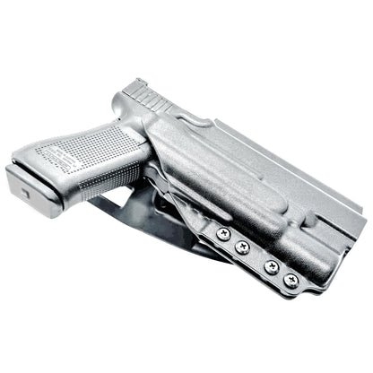 Black OWB Duty & Competition holster for the Glock 34 and Surefire X300 shown with Duty Drop attachment.