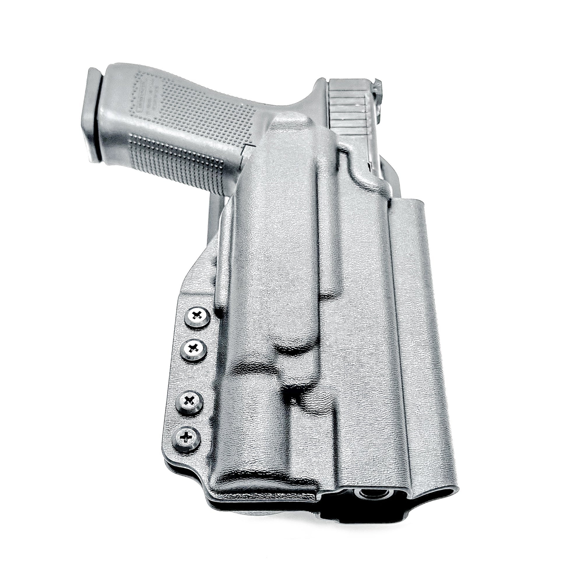 Black OWB Duty & Competition holster for the Glock 34 and Surefire X300 shown with Duty Drop attachment.