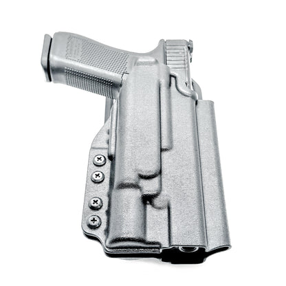 Black OWB Duty & Competition holster for the Glock 34 and Surefire X300 shown with Duty Drop attachment.